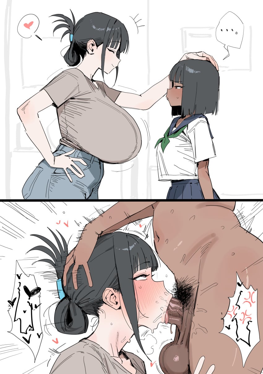 1futa 1girls ass balls ballsack big_ass big_breasts big_thighs black_hair blush breasts deepthroat fellatio female futa_on_female futanari gigantic_breasts heart huge_breasts light-skinned_female light_skin original original_character pubic_hair school_uniform schoolgirl short_hair size_difference small_breasts smaller_female sucking sucking_penis taller_female tan-skinned_female tan_body tan_skin tanned tanned_skin thick_thighs thighs xipa