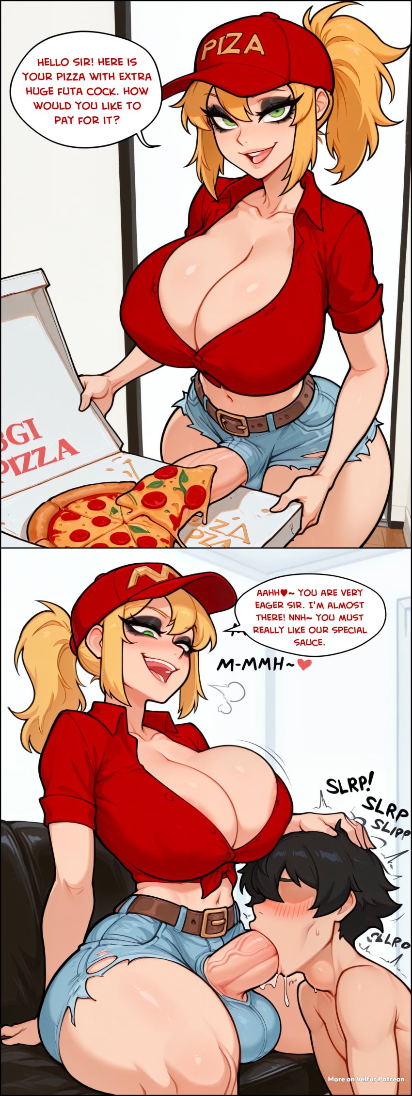 1boy 1boy1futa 1boy1girl 1futa 1futanari 1male 1male1female adult adult_female adult_male adult_man ai_assisted ai_generated ass belt belt_buckle big_ass big_breasts big_butt big_hips big_penis black_eyeshadow blonde blonde_female blonde_hair blowjob blowjob_face breasts cleavage clothed clothing comic comic_page comic_panel consensual denim denim_bottomwear denim_clothing denim_shorts dick dickgirl evil_grin evil_smile evil_smirk eyebrows eyelashes faceless_male femdom futa_on_male futadom futanari green_eyes grown_up hair hat heart hearts_around_head huge_cock lips makeup midriff motion_blur motion_lines narrow_waist navel nose open_clothes open_mouth open_zipper original_character original_characters penis pizza pizza_box pizza_delivery ponytail red_shirt sex shirt sidelocks smooth_balls smooth_penis smooth_skin speech speech_balloon speech_box speech_bubble speech_bubbles sucking sucking_penis text text_box text_bubble thighs velfur_(artist)
