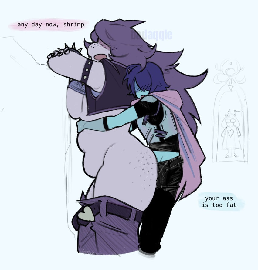 1girl 1girls 1nonbinary 2d badaqqle blue_hair clothed deltarune dialogue female female_anthro hidden_eyes highres human human_on_anthro kris_(deltarune) no_visible_genitalia non-human nose_blush purple_hair ralsei scalie side_view sideboob signature simple_background susie_(deltarune)