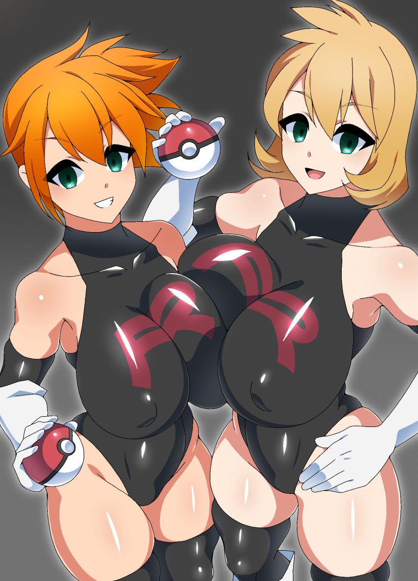 2girls armpits asymmetrical_hair breast_press breasts covered_erect_nipples covered_navel cowboy_shot creatures_(company) enemy_conversion female female_focus female_only game_freak green_eyes gym_leader highres holding holding_poke_ball huge_breasts kasumi_(pokemon) latex long_hair multiple_girls navel nintendo nipples orange_hair pale_skin poke_ball pokemon pokemon_(anime) pokemon_(classic_anime) pokemon_(game) pokemon_gsc pokemon_hgss pokemon_rgby ponytail short_hair side_ponytail simple_background smile team_rocket team_rocket_uniform thick_thighs thighhighs thighs wide_hips xenoxeno