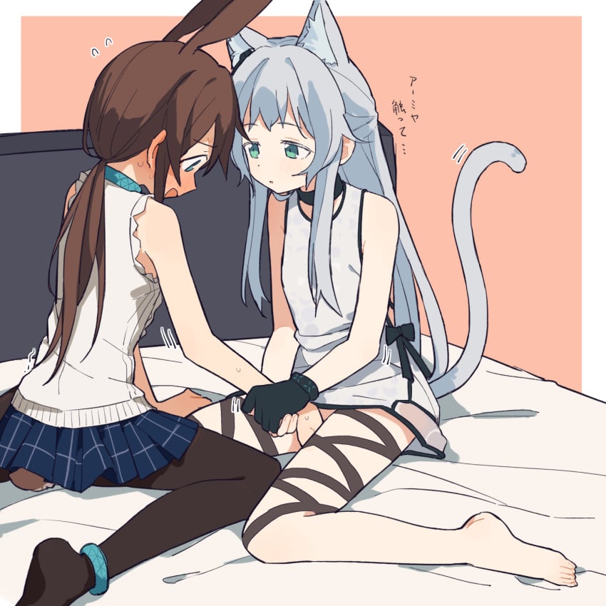 2girls amiya_(arknights) animal_ears arknights barefoot black_choker black_gloves black_pantyhose blue_eyes blue_skirt brown_hair cat_ears cat_girl cat_tail choker closed_mouth coldcat. female female_only fingering gloves green_eyes guiding_hand highres long_hair multiple_girls open_mouth pantyhose plaid plaid_skirt ponytail rabbit_ears rabbit_girl red_background rosmontis_(arknights) shirt simple_background single_glove sitting skirt sleeveless sleeveless_shirt sweat tail toes white_shirt yuri