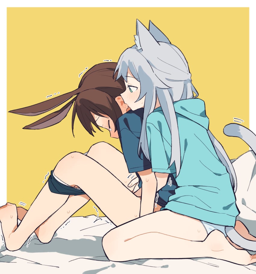 2girls amiya_(arknights) animal_ears aqua_jacket arknights barefoot black_panties blue_eyes blue_shirt blush brown_hair cat_ears cat_girl cat_tail closed_eyes coldcat. female female_only fingering grey_hair highres hood hooded_jacket jacket legs long_hair multiple_girls panties panty_pull rabbit_ears rabbit_girl rosmontis_(arknights) shirt sitting sweat tail tears toes underwear wariza yellow_background yuri