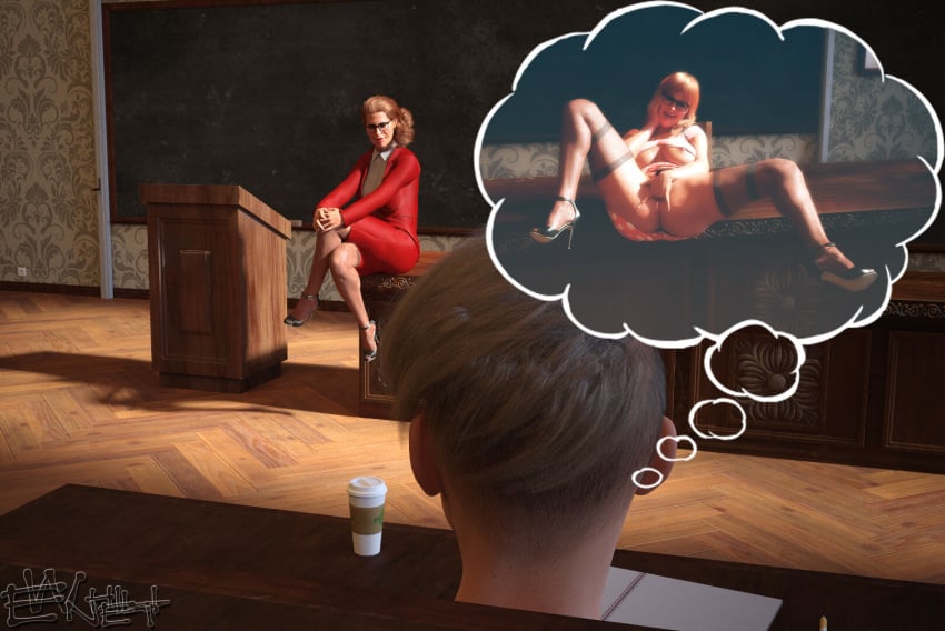 1boy 1girls 2022 3d blonde_hair classroom enetwhili2 female female_focus glasses high_heels imagination imagining indoors large_breasts male masturbation mature mature_female milf red_business_suit red_suit seated sitting spread_legs straight thought_bubble