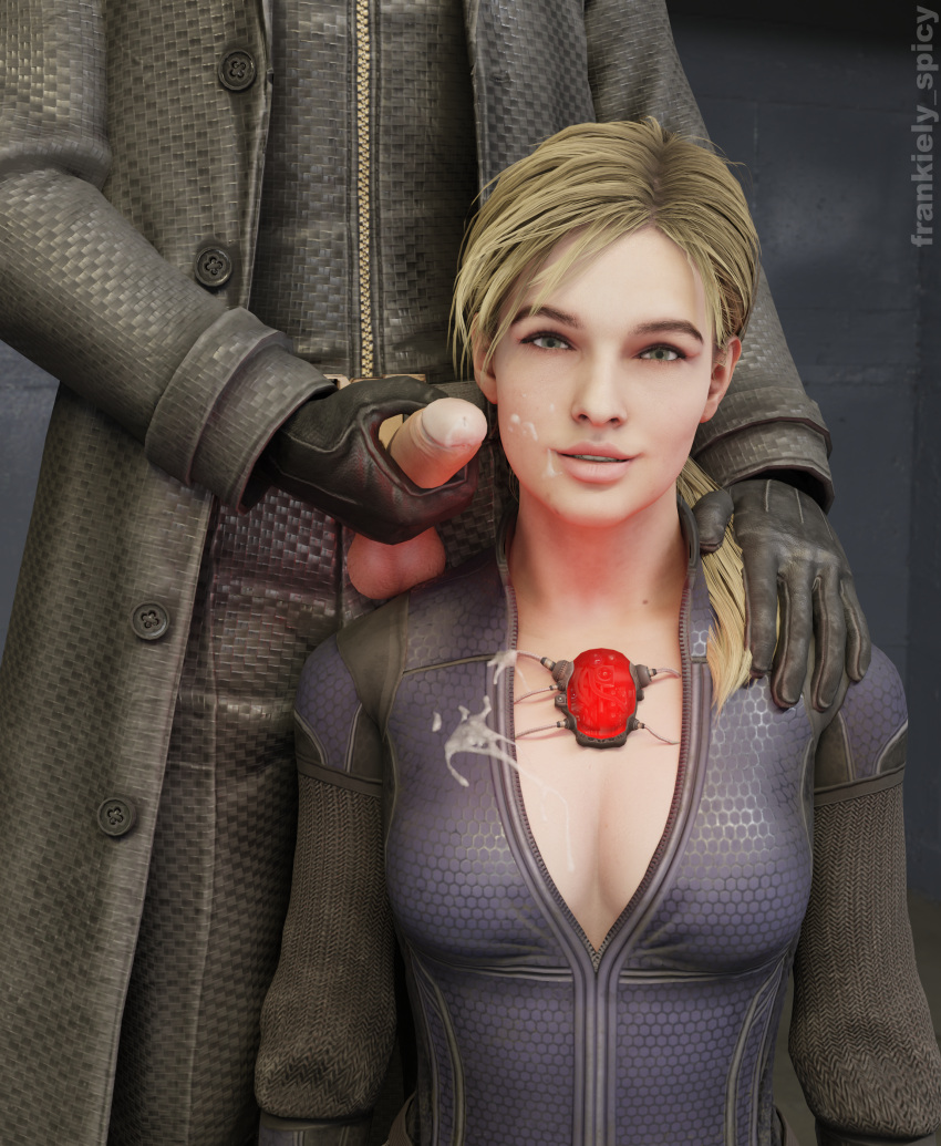 1boy 1boy1girl 1girls 3d albert_wesker blender blonde_female blonde_hair breasts capcom catsuit cum cum_drip cum_in_mouth cum_on_body cum_on_breasts cum_on_face cumshot female frankiely_spicy indoor indoors jill_valentine jill_valentine_(blonde) jill_valentine_(sasha_zotova) pale-skinned_female pale-skinned_male pale_skin penis penis_out ponytail resident_evil resident_evil_3 resident_evil_3_remake resident_evil_5 scarab smiling smiling_at_viewer