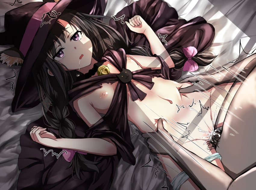 1boy animal_ear_fluff animal_ears bed_sheet black_cape black_headwear bow braid cape drooling fake_animal_ears female hairbow hands_on_another's_waist hat highres inoue_takina long_hair lycoris_recoil lying md5_mismatch missionary motion_lines naked_cape navel nipples on_back on_bed open_mouth panties panties_around_one_leg penis pink_bow poka_(kaoru2877) pubic_hair purple_eyes pussy_juice resolution_mismatch saliva sex source_smaller torn_cape torn_clothes twin_braids underwear vaginal_penetration white_panties witch_hat