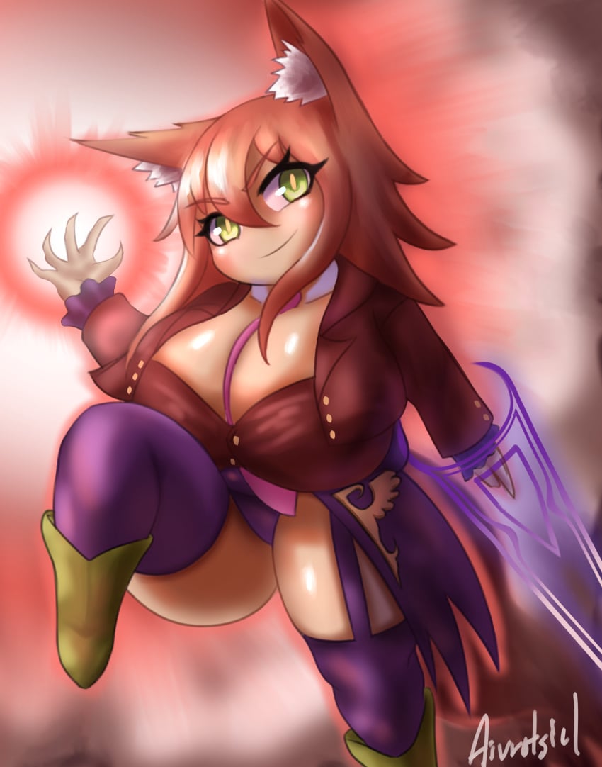 aivrotsiel animal_ears blush breasts brown_hair claws cosplay fox_ears fox_girl fox_tail green_eyes huge_breasts medium_hair orange_hair renee_(requinn) shortstack smile tail tattoo thick_thighs thigh