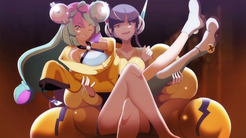 2girls bare_legs bare_shoulders black_hair black_skirt blue_eyes blue_hair boots coat elesa_(pokemon) elesa_(pokemon_bw2) female female_only gray_top hair_ornament headgear headphones headwear human iono_(pokemon) long_hair looking_at_viewer miniskirt multiple_girls nanjamo nanjamo_(pokemon) pink_eyes pink_hair pokemon pokemon_bw pokemon_bw2 pokemon_sv scarf short_hair skirt stockings thick_thighs vivivoovoo white_boots white_stockings wink winking winking_at_viewer yellow_coat