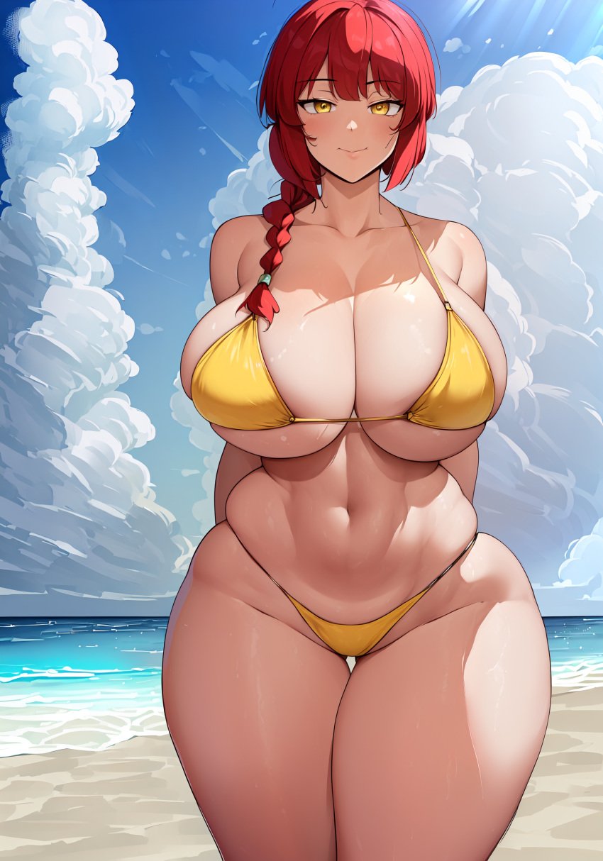 1girls ai_generated alternate_ass_size alternate_body_type alternate_breast_size arms_behind_back beach big_breasts big_thighs bikini blue_sky breasts breasts_bigger_than_head chainsaw_man clouds curvy curvy_female curvy_thighs day daytime detailed_background enormous_breasts enormous_thighs female female_demon female_focus female_only female_solo generic_ai hands_behind_back high_resolution highres huge_breasts huge_thighs human human_only hyper_thighs large_breasts large_thighs light-skinned_female light_skin long_hair looking_at_viewer makima_(chainsaw_man) massive_breasts massive_thighs oatmealdood panties pony_tail ponytail red_hair smile smile_at_viewer smiley_face smiling smiling_at_viewer solo solo_female solo_focus standing thick thick_female thick_thighs thighs yellow_bikini yellow_eyes yellow_panties yellow_pupils