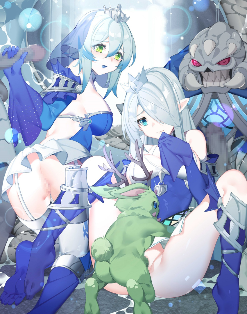 2girls 3monsters ass blue_eyes blue_tongue breasts censored_clitoris colored_tongue duel_monster green_eyes highres large_breasts long_hair multiple_girls multiple_others nami_qi no_panties pointy_ears rabbit sex short_hair spread_legs tagme tearlaments_havnis tearlaments_merrli tiara veil yu-gi-oh! zoophilia