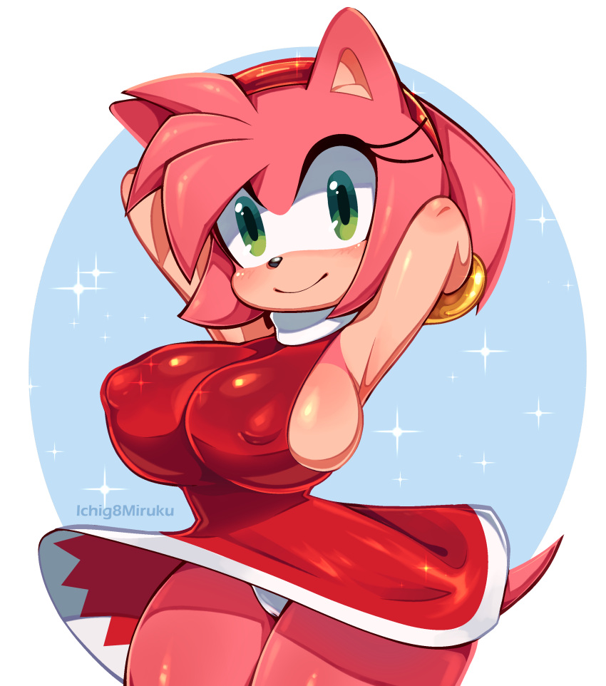 amy_rose anthro armpits big_breasts breasts clothed eulipotyphlan female female_only furry green_eyes hairband headband hedgehog ichig8miruku mammal nipple_bulge panties pink_fur pink_hair red_dress sega smile solo solo_female sonic_(series) sonic_the_hedgehog_(series) tail thick_thighs white_panties