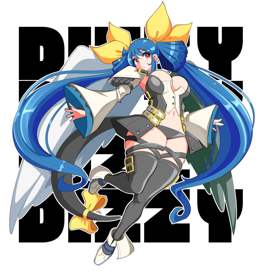 1girls angel_wings armpits asymmetrical_wings belt big_breasts black_panties black_thighhighs blue_hair breasts character_name cleavage clothing_cutout detached_sleeves dizzy_(guilty_gear) female full_body groin guilty_gear guilty_gear_xrd hair_ribbon large_breasts leg_up mature_female midriff monster_girl navel panties red_eyes ribbon shaded_face sidelocks solo tail tail_ornament tail_ribbon theycallhimcake thick_thighs thigh_strap thighhighs thighs twintails underwear wide_sleeves wings yellow_ribbon