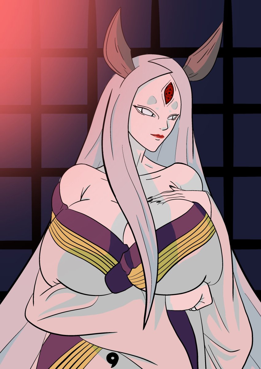 big_breasts breast_grab drake95 horn naruto naruto_(series) naruto_shippuden otsutsuki_kaguya smile white_hair white_skin