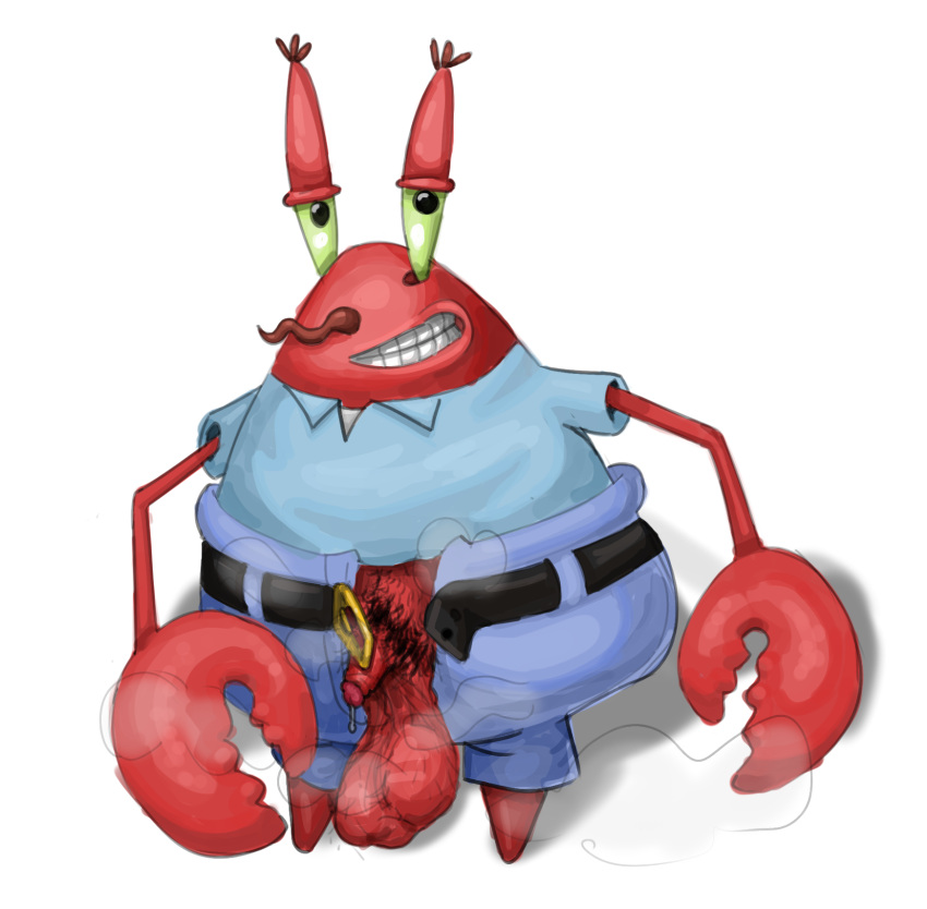 anthro arthropod balls belt big_balls bottomwear clairemilk clothing crab crustacean decapoda genitals grin hi_res huge_balls looking_at_viewer malacostracan male male_only marine meme mr_krabs musk nickelodeon nightmare_fuel pants penis pubes shadow shirt small_penis smile smooth_skin solo spongebob_squarepants steam topwear what