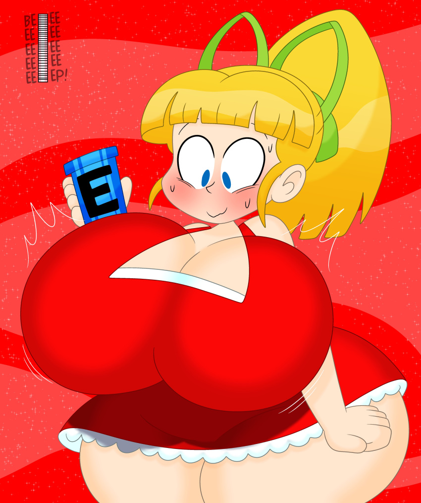 1girls 3barts big_breasts blonde_hair blue_eyes blush breasts breasts_bigger_than_head capcom e-tank female female_only growth huge_breasts mega_man mega_man(classic) red_dress roll solo sweat thick_thighs wide_hips