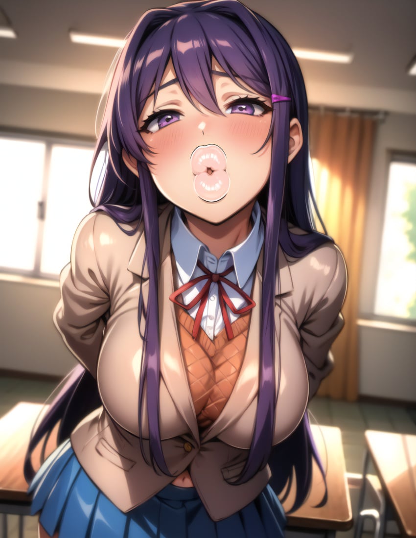 ai_generated arms_behind_back asian asian_female belly_button big_breasts big_lips bimbo bimbo_body bimbo_lips blush blushing buchukisu classroom desk doki_doki_literature_club eye_shadow eyelashes eyeshadow hair_ornament hourglass_figure huge_lips kissing large_breasts lip_gloss lips lipstick long_sleeves makeup pale-skinned_female pale_skin pleated_skirt plump_lips pov pov_kiss puckered_lips purple_eyes purple_hair ribbon ribbon_bow ribbon_tie school_uniform shiny_lips smooch thick_lips thick_thighs undershirt vest wide_hips window yuri_(doki_doki_literature_club)