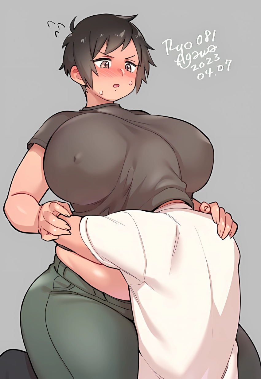 1girls between_breasts blush breasts cling hd head_between_breasts hi_res high_resolution highres hug huge_breasts male motorboating nipple_bulge on_lap original plump ryo_agawa short_hair thick_thighs very_short_hair