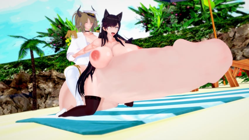 3d atago_(azur_lane) azur_lane beach big_penis breasts_bigger_than_head from_behind futa_on_female futanari gigantic_penis gigantic_testicles grenadekisses huge_areolae huge_cock huge_penis hyper hyper_breasts hyper_penis koikatsu pectoral_bulge penis sophia_(punky) stomach_bulge thick_penis topless white_penis