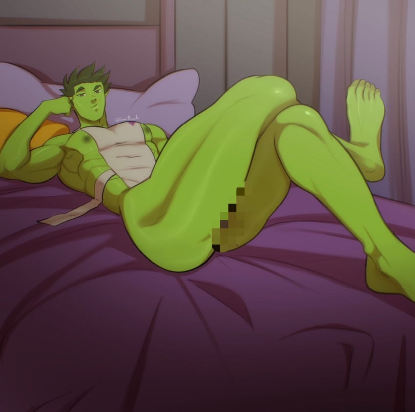 apron beast_boy dc garfield_logan green_hair green_skin legs_crossed looking_at_viewer looking_back looking_back_at_viewer male male_only muscles muscular muscular_male nipples on_bed solo solo_male summumee thick_thighs