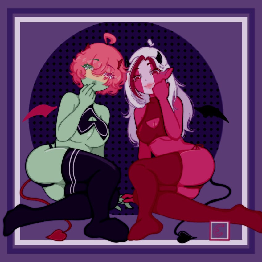 2girls bolivia_(countryhumans) clothing countryhumans countryhumans_girl female female_only green_body green_skin legwear medium_breasts panties peru_(countryhumans) purple_background red_body red_skin simple_background tomboy