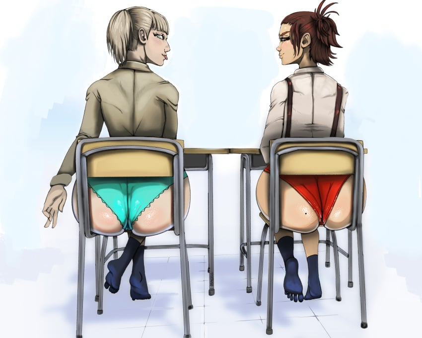 2girls ass ass_focus attack_on_titan big_ass bubble_butt classroom clothed clothing female female_only gabi_braun orphielll panties school_desk shingeki_no_kyojin sitting sitting_on_chair socks toe_socks underwear zofia_(shingeki_no_kyojin)