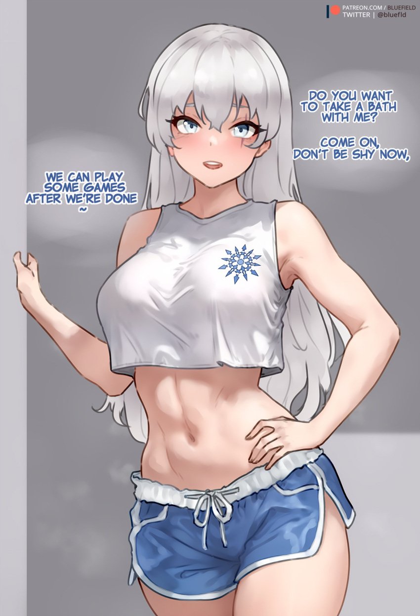 1girls blue_eyes bluefield booty_shorts breasts dialogue dolphin_shorts english_text female hand_on_hip light-skinned_female light_skin long_hair medium_breasts rwby short_shorts shorts sleeveless smile talking_to_viewer tank_top text weiss_schnee white_hair