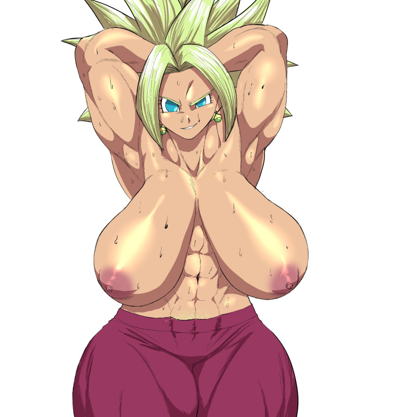 1girls alternate_breast_size armpits big_breasts blonde_hair blue_eyes breasts dragon_ball dragon_ball_super earrings female_abs female_only female_pubic_hair huge_breasts jombleywombley kefla large_breasts lifting_arms muscular_female pink_pants pubic_hair_peek sagging_breasts solo spiky_hair sweaty_body sweaty_breasts tagme thejombler