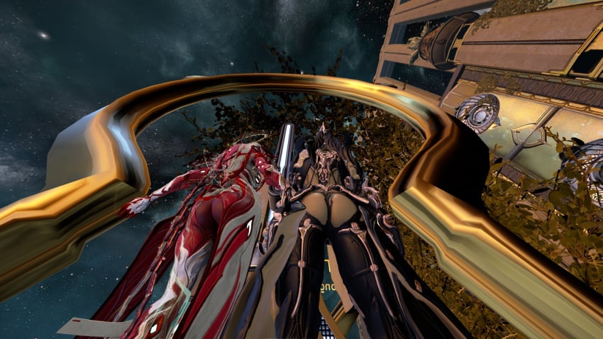 2girls 3d ass ass_focus back_view big_ass black_panties black_stockings close-up female female_only game_cg mesa_(warframe) mesa_prime_(warframe) panties robot robot_girl screen_capture screencap screenshot stockings thick_body thick_legs thick_thighs warframe warframefun wisp_(warframe)