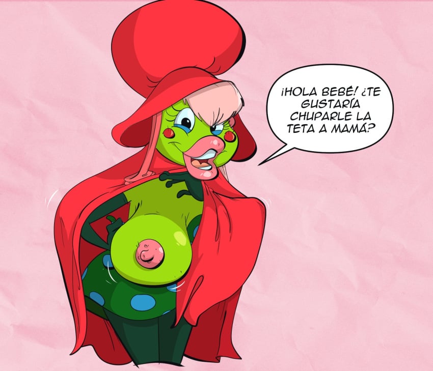 1girls amphibian anthro big_breasts cape don_bluth eyelashes green_skin hood huge_breasts jodero looking_at_viewer mature_female milf mother mrs._toad nipples non-mammal_breasts pink_hair red_cape red_hood thick_lips thumbelina_(1994_film) toad toad_humanoid voluptuous voluptuous_female