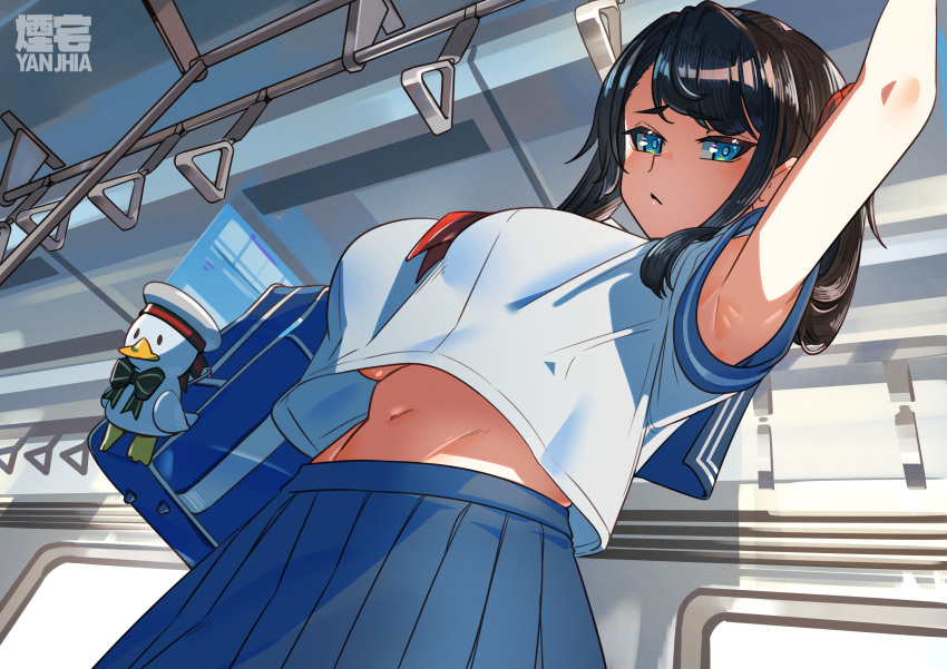 armpit blue_eyes brown_hair hololive hololive_gen_2 hololive_japan large_breasts long_hair looking_at_viewer midriff midriff_peek oozora_subaru school_uniform train_interior underboob virtual_youtuber yanjhia