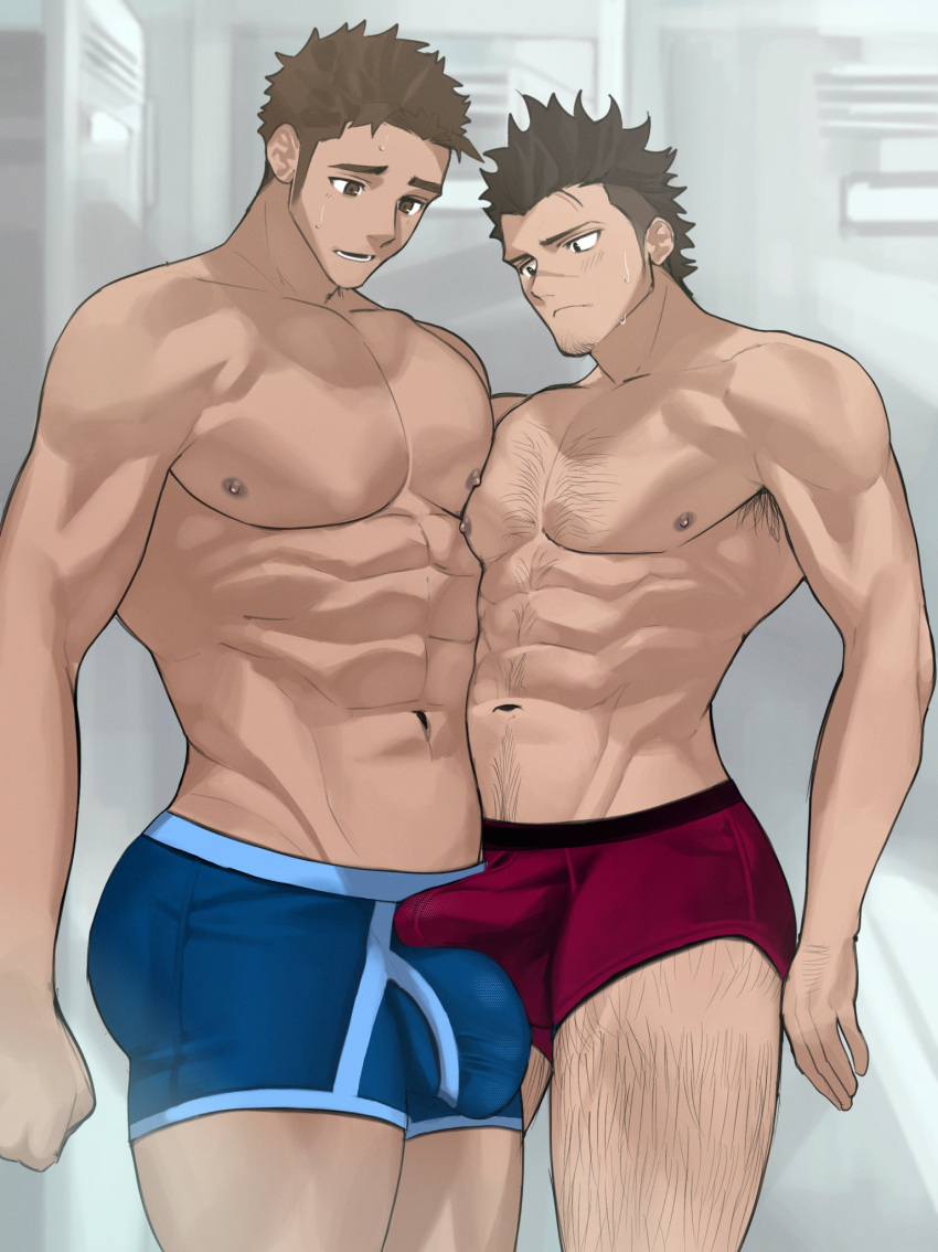 2boys abs armpit_hair ass bad_id bad_twitter_id bara blue_male_underwear blush brown_hair bulge bulge_press bulges_touching chest_hair dark-skinned_male dark_skin facial_hair feet_out_of_frame frottage goatee goburin_second hairy half-erect highres large_pectorals leg_hair locker locker_room long_sideburns looking_at_bulge male male_focus male_only male_underwear mature_male multiple_boys muscular muscular_male navel navel_hair nipples open_mouth original paid_reward_available pectoral_docking pectoral_press pectorals penis_size_difference red_male_underwear scar scar_on_face scar_on_nose short_hair sideburns size_difference smooth_skin standing stomach sweatdrop thick_eyebrows thick_thighs thighs topless_male undercut underwear underwear_only yaoi