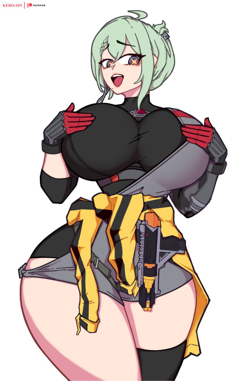 1girls big_breasts breasts de_lacey_(girls'_frontline_nc) female girls'_frontline girls'_frontline_neural_cloud green_hair hourglass_figure kerosin looking_at_viewer nervous_smile tagme thick_thighs