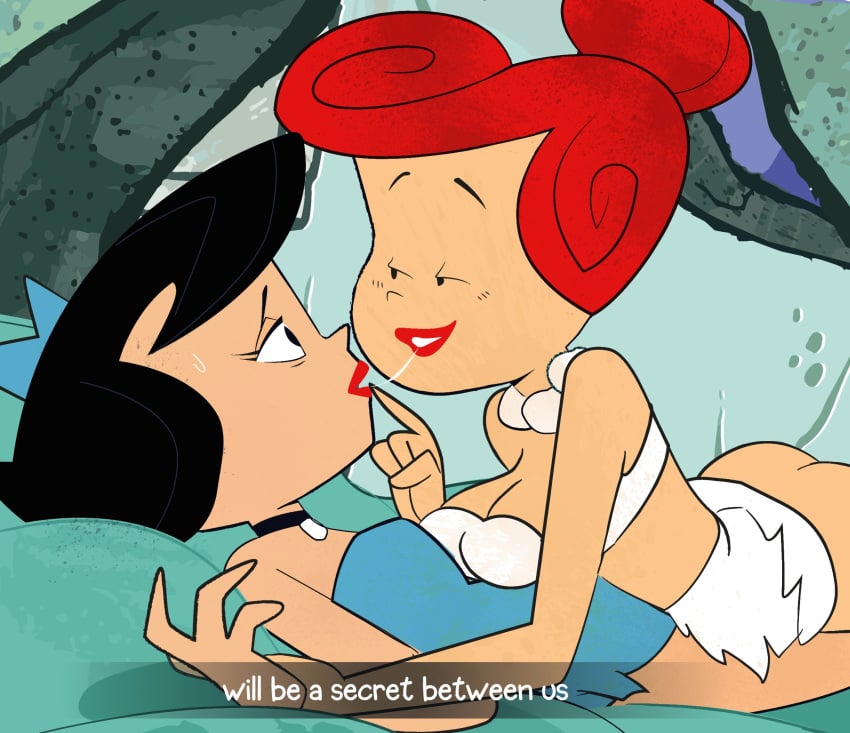 2girls ass betty_rubble big_ass big_breasts big_butt black_hair cheating cheating_wife cleavage dialogue eyebrows fat_ass female female_only gosgoz hair_bun large_breasts light-skinned_female light_skin lipstick milf orange_hair pearl_necklace red_hair red_lipstick text the_flintstones wilma_flintstone yuri