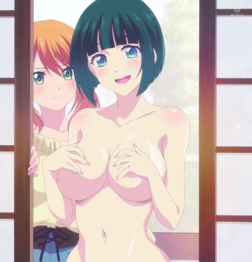 2girls blue_eyes blunt_bangs blush bob_cut breasts covering_breasts green_eyes hand_on_own_chest large_breasts looking_at_viewer megami_no_kafeterasu multiple_girls no_bra nude_female ono_shiragiku screencap short_hair smile topless tsukishima_riho twintails upper_body