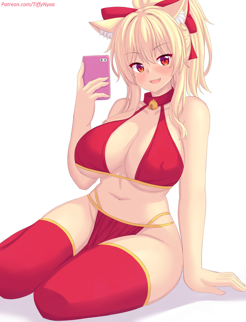 animal_ears bell belly big_breasts blonde_hair cat_ears catgirl collar fastrunner2024 loincloth nipples_visible_through_clothing nottytiffy phone red_eyes ribbon selfie sideboob thick_thighs thighhighs tiffy tiffynyaa underboob