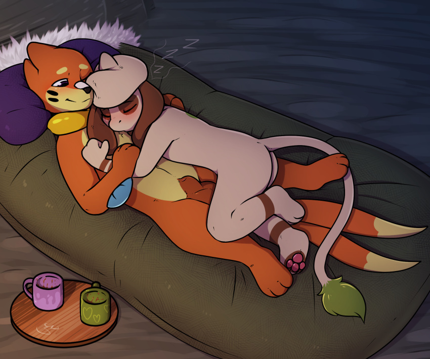 blush buizel cuddling female generation_2_pokemon generation_4_pokemon hi_res male nintendo no_humans pokemon pokemon_(species) sleeping sleeping_bag smeargle