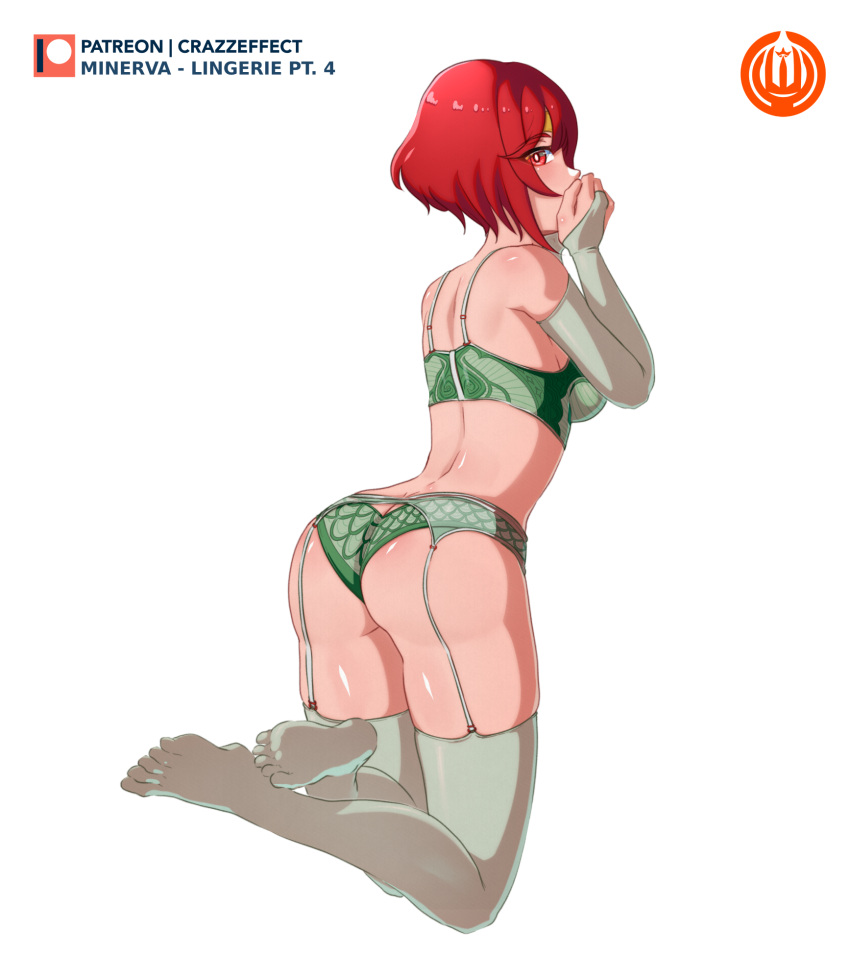 1girls alternate_version_available ass back back_view bare_back bare_thighs big_ass bra crazzeffect female female_only fire_emblem fire_emblem:_mystery_of_the_emblem fire_emblem:_shadow_dragon_and_the_blade_of_light garter_belt green_panties kneeling lingerie looking_at_viewer looking_back minerva_(fire_emblem) nintendo panties red_eyes red_hair short_hair solo thick_thighs thighhighs thighs underwear white_background