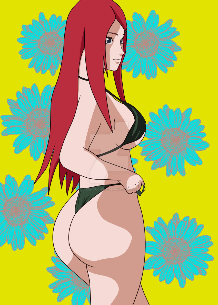 1girls adapted_costume adjusting_swimsuit akunouchiha big_ass big_breasts bikini blue_eyes bottom_heavy breasts deviantart feet_out_of_frame female female_only flowers from_behind green_bikini highres mature mature_female milf naruto naruto_(series) naruto_shippuden pinup plain_background rear_view red_hair revealing_swimsuit round_ass sideboob simple_background smile solo solo_focus standing swimsuit untied_bikini uzumaki_kushina very_long_hair voluptuous walking watermark yellow_background