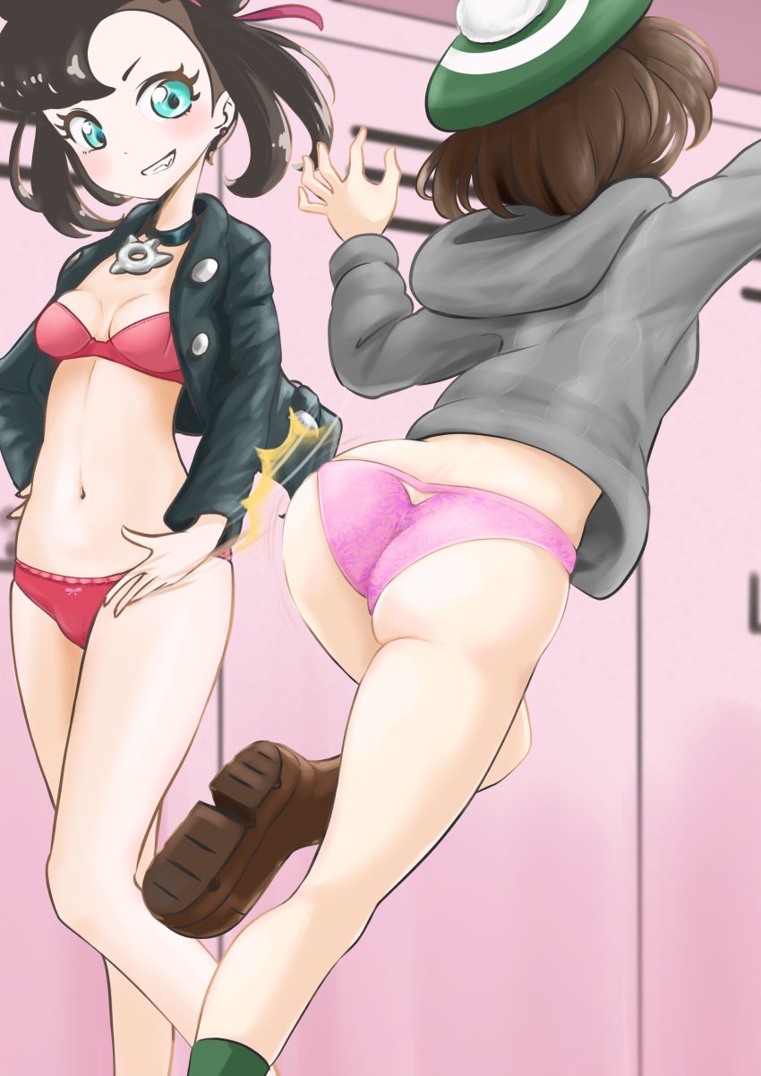 2girls ass ass_focus breasts female female_only gloria_(pokemon) huge_ass human human_only marnie_(pokemon) microsd_(artist) nintendo panties pokemon pokemon_ss spanking