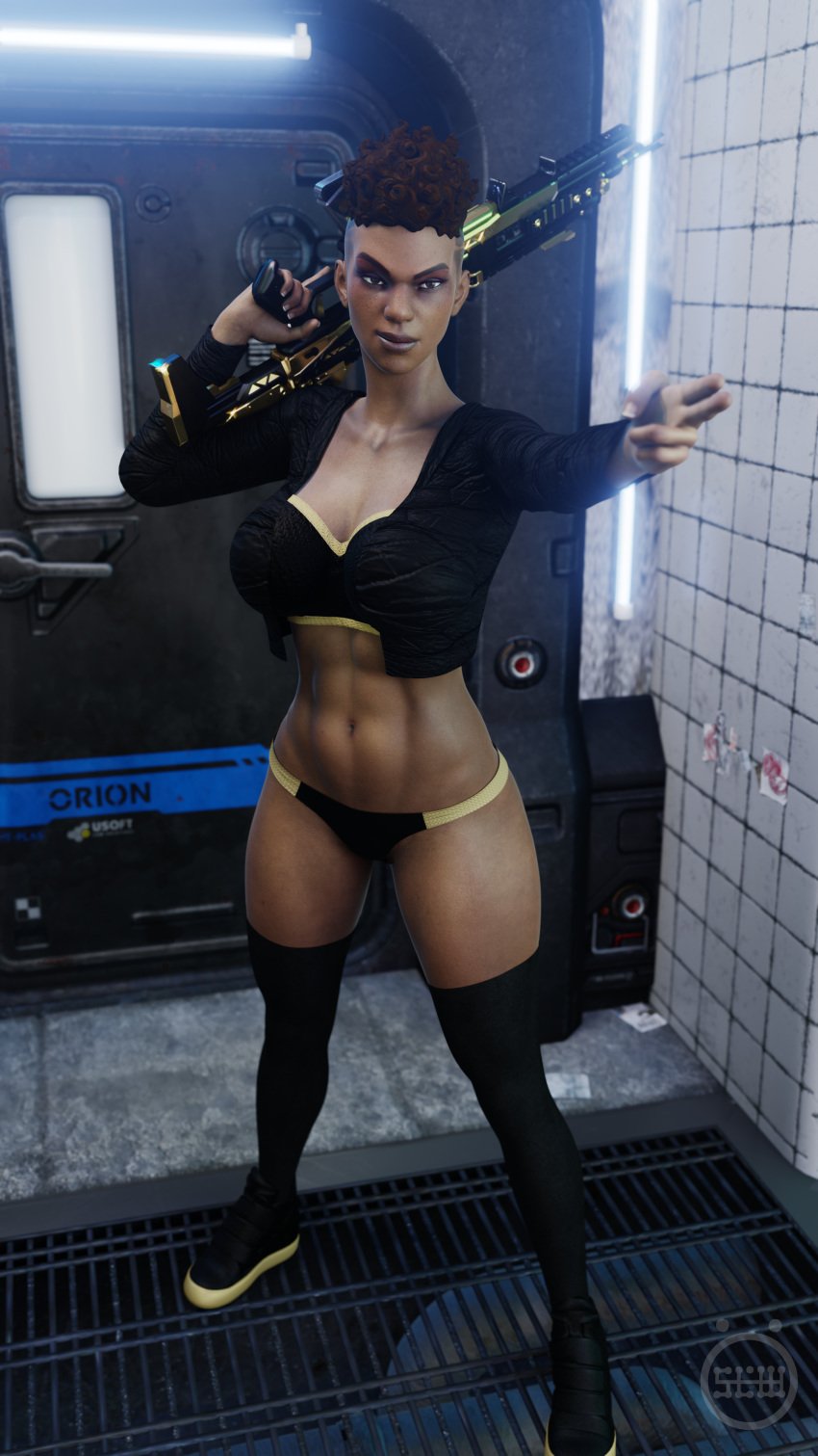 3d abs apex_legends bangalore dark-skinned_female female female_focus female_only self_upload slow_(artist) standing thighhighs weapon