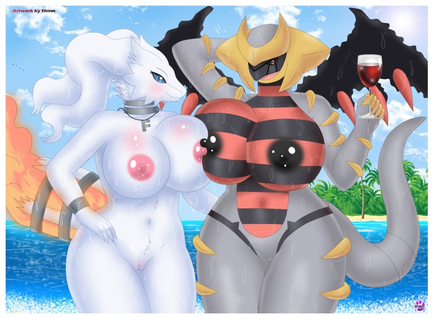 adriana_(unknown6505) altered_forme_giratina anthro areola big_breasts blue_eyes blush breasts dragon duo female female_dragon female_pokemon fluffy_duffy_(unknown6505) fur generation_4_pokemon generation_5_pokemon genitals giratina hi_res legendary_pokemon looking_at_viewer nintendo nipples nude pokemon pokemon_(species) pussy red_eyes reshiram seaside shinn smile water white_body white_fur