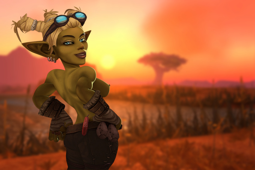 1girls 3d blizzard_entertainment blonde_hair goblin goblin_(warcraft) goblin_female green_skin looking_at_viewer looking_back original_character solo vixella_vexfire warcraft world_of_warcraft wreckerscartel