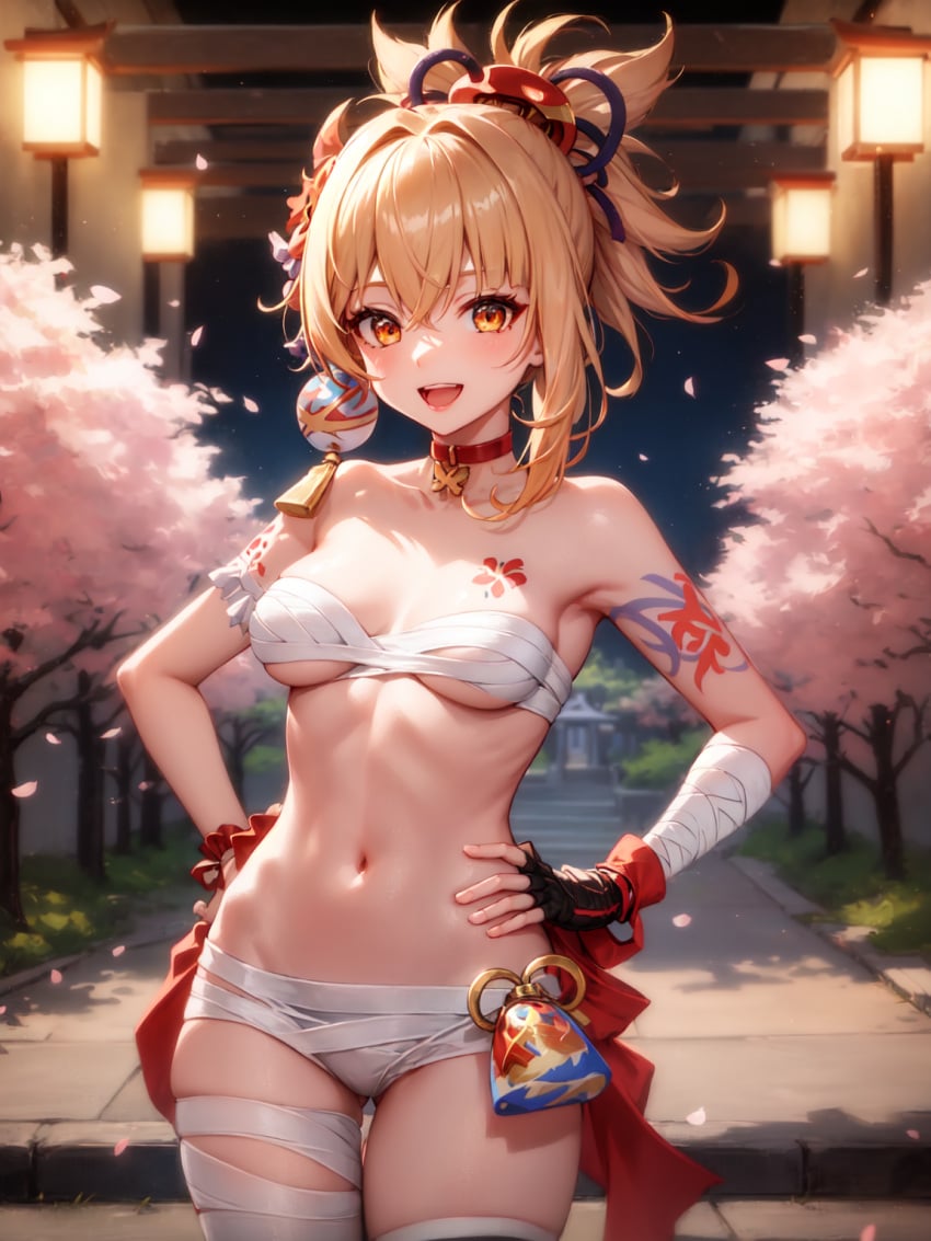 ai_generated bandaged_chest bandaged_leg blonde_hair breasts butterfly_choker cherry_blossoms chest_tattoo female flower_tattoo genshin_impact gloves kanzashi medium_breasts open_mouth orange_eyes tattoo thighs yoimiya_(genshin_impact)