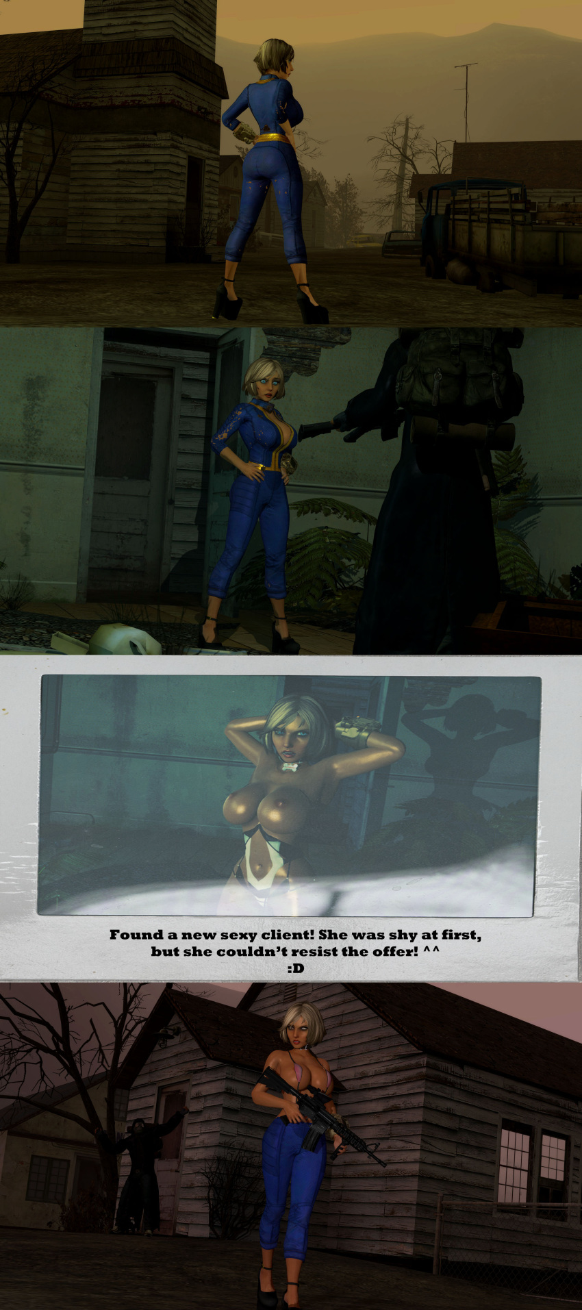 3d 3d_(artwork) angry big_breasts bikini_top bioshock bioshock_infinite blackmail blonde_hair camera_view collar crossover damsel_in_distress disgusted dominant_male elizabeth_comstock embarrassed exposed_breasts fallout fallout_4 forced_submission hands_behind_head high_heels humiliation looking_at_viewer polaroid post_apocalyptic ripped_clothing scelusnizer striptease submissive vault_dweller_(cosplay) vault_girl vault_suit