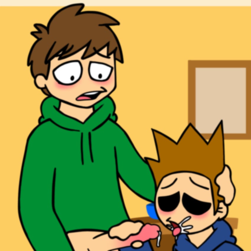 black_eyes blowjob blowjob_face cum cum_in_mouth cumshot edd_(eddsworld) eddsworld gay gay_blowjob gay_sex hand_on_head hand_on_penis justsomedude orgasm sucking_penis tom_(eddsworld) tongue_out