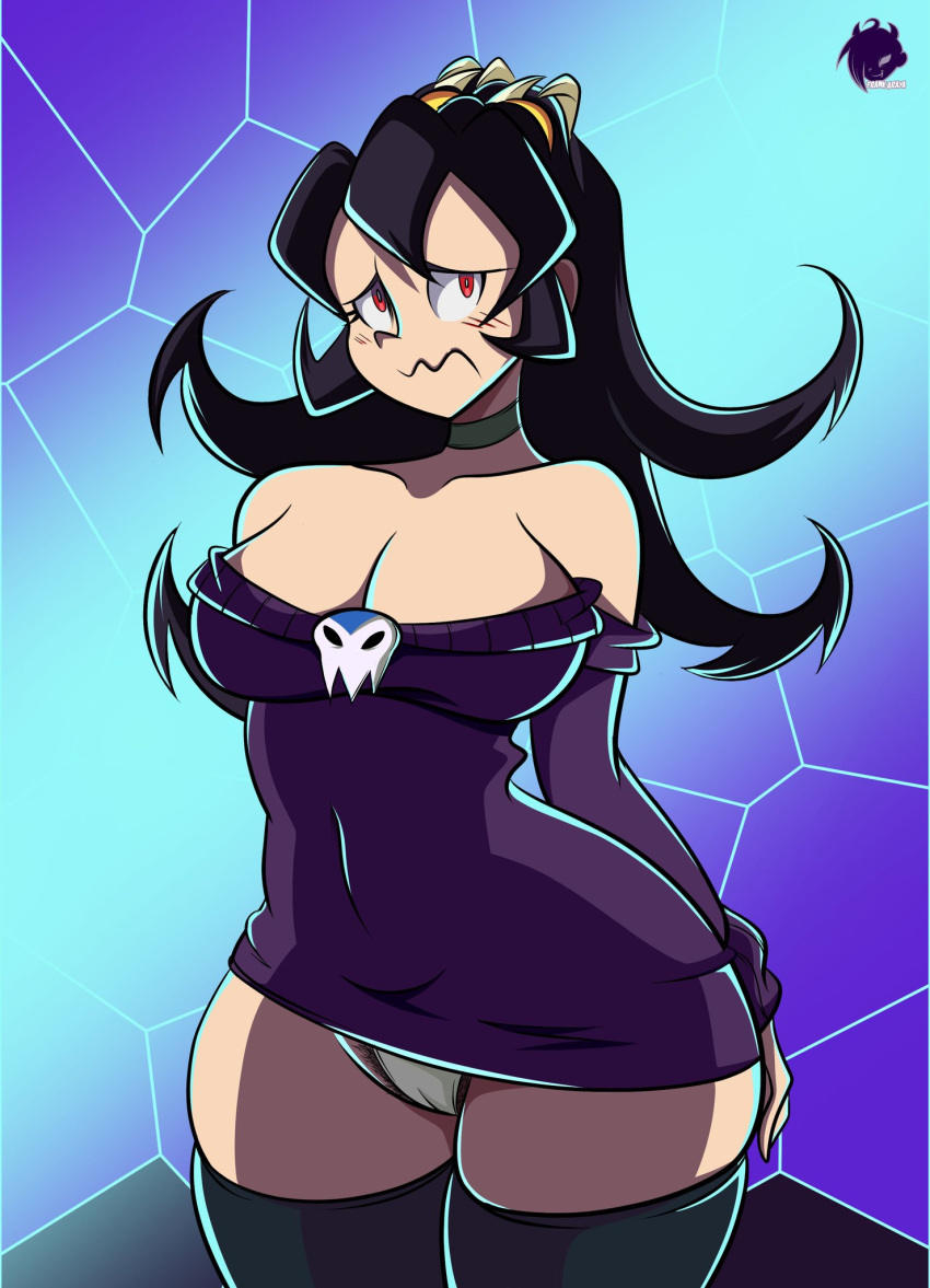 artist_logo artist_name awkward bare_shoulders big_breasts black_hair blush choker embarrassed embarrassed_clothed_female embarrassed_female filia_(skullgirls) hand_on_butt hourglass_figure leggings looking_away monster nervous nervous_face no_bra panties panties_showing purple_dress red_eyes skimpy skimpy_clothes skirt_lift skull skullgirls slutty_outfit thighhighs white_panties wide_hips wild_hair zone-tan_(cosplay)