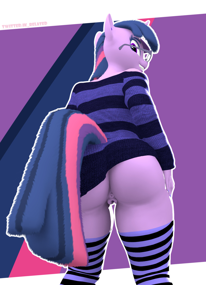 16:9 3d_(artwork) 4k anthro anus ass big_breasts bra breasts clothed clothing cutie_mark digital_media_(artwork) ear_piercing ear_ring equid equine eyewear female friendship_is_magic fur genitals glasses hair hasbro hi_res horn horse ik_related legwear looking_at_viewer mammal multicolored_hair my_little_pony piercing pony purple_body purple_fur purple_hair pussy ring_piercing simple_background smile solo stockings sweater topwear twilight_sparkle_(mlp) underwear unicorn widescreen