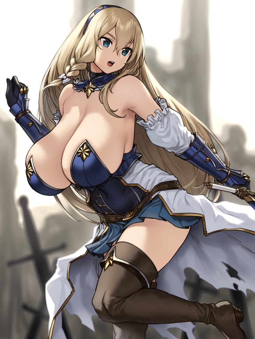 bare_shoulders belt black_footwear black_gloves blonde_hair blue_dress blue_eyes blue_hairband blue_skirt blurry blurry_background blush boots braid breasts brown_belt cape cleavage detached_collar detached_sleeves dress female gauntlets gloves hair_between_eyes hairband hand_up highres holding holding_sword holding_weapon houtengeki knight large_breasts long_bangs long_hair open_mouth original pleated_skirt single_braid skirt sleeveless solo standing standing_on_one_leg strapless strapless_dress sword thigh_boots thighs waist_cape weapon white_cape white_sleeves