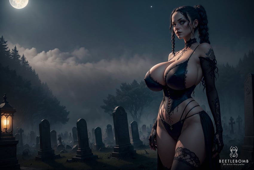 1girls ai_generated beetlebomb black_hair curvy_body curvy_female female_focus female_only graveyard huge_breasts long_hair moon moonlight original original_character stable_diffusion voluptuous voluptuous_female