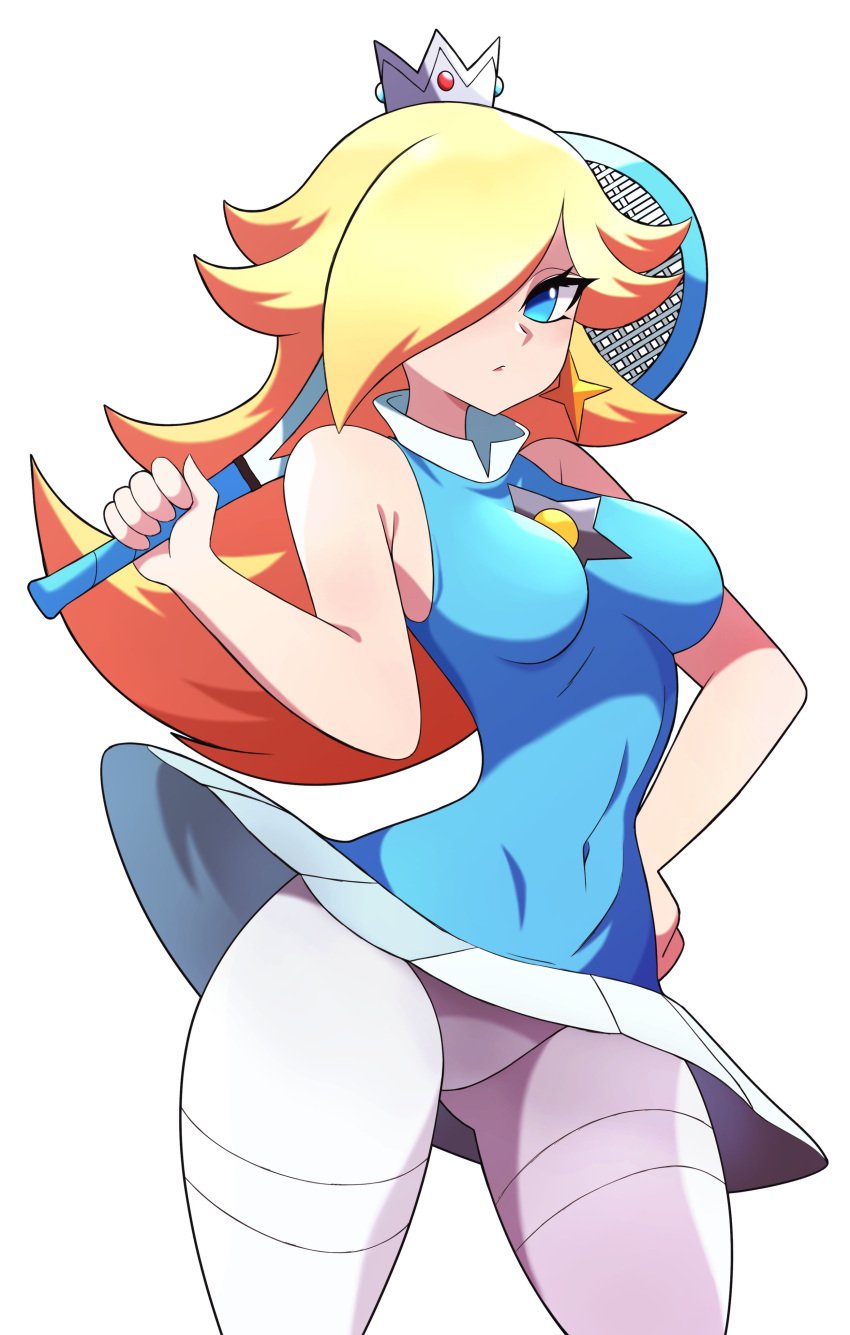 1girls abysswatchers blonde_hair blue_eyes clothed crown dress earring female female_only hair_over_one_eye hand_on_hip hand_on_own_hip holding_tennis_racket hourglass_figure long_blonde_hair long_hair mario_(series) mario_tennis medium_breasts nintendo princess_rosalina simple_background solo standing star_earring tennis_racket thick_thighs white_background