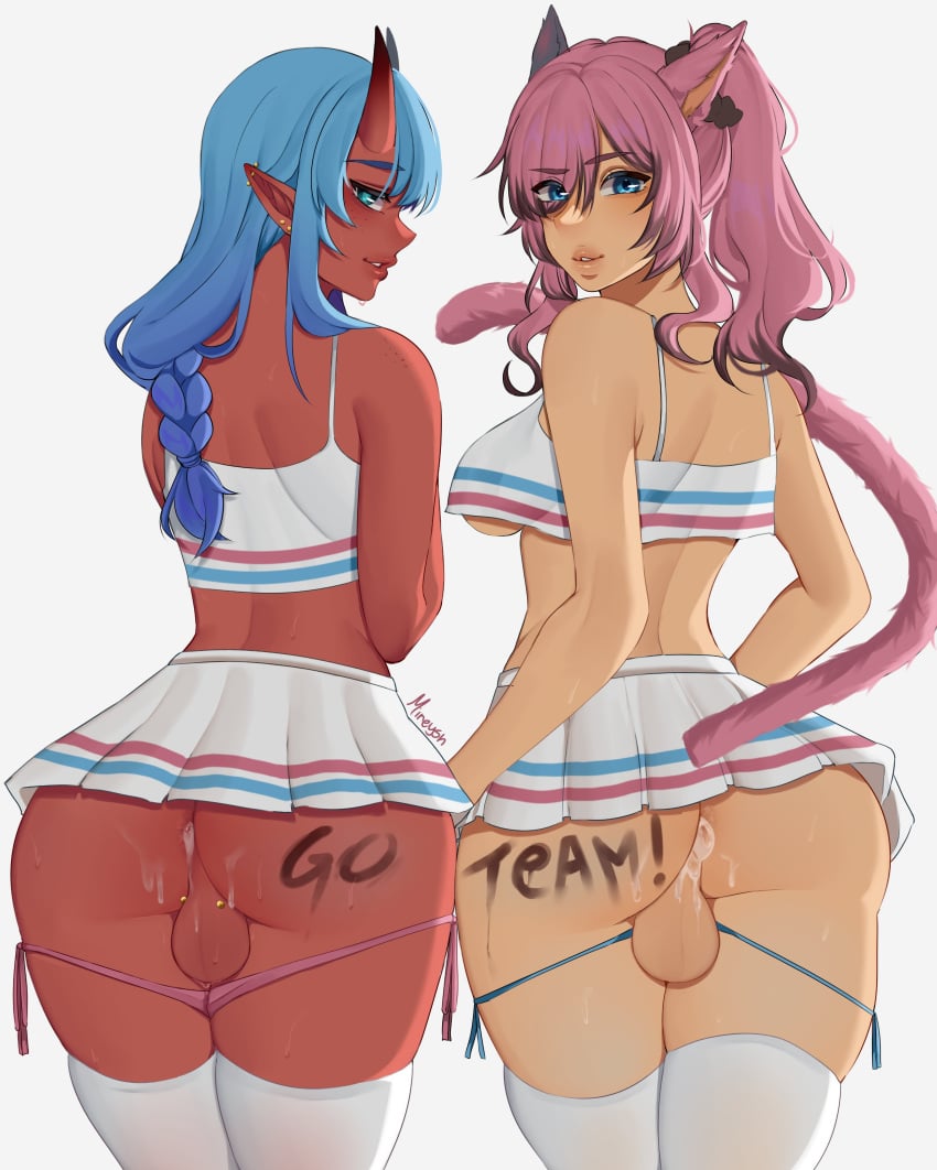 2futas absurd_res after_anal anus ass back back_view backsack balls big_ass blue_eyes blue_hair bottom_heavy bottomless bottomless_skirt braid cat_ears cat_tail catgirl cheerleader cheerleader_uniform clothed clothing cum cum_drip cum_in_ass cum_inside dark-skinned_futanari dickgirl ear_piercing final_fantasy final_fantasy_xiv futa_only futa_sans_pussy futanari highlights_(coloring) horns humanoid intersex legs_together light-skinned_futanari light_skin long_hair looking_at_viewer looking_back looking_back_at_viewer miniskirt miqo'te mireysh mostly_clothed oni oni_horns panties_down perineum pierced_genitals piercing pink_hair pointy_ears ponytail rear_view red_skin skindentation skirt smiling smiling_at_viewer smooth_balls smooth_skin standing sui_(suikisses) tail thigh_squish thighhighs underboob white_background white_thighhighs writing_on_ass zephyr_winds